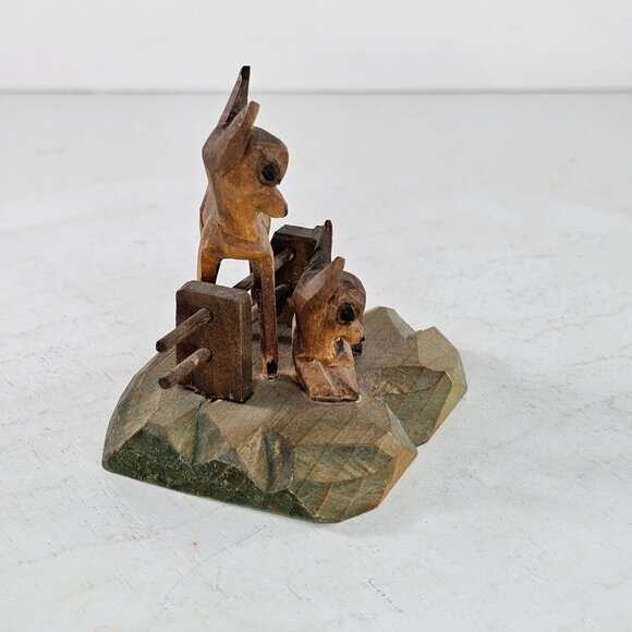 Hand-Carved Wooden Deer Family Sculpture With Rustic Fence On Geometric Base - Picture 2 of 8